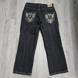 Vintage Y2K Cezer Denim Black Washed Jeans Mens Lion Embroidered Baggy Fit